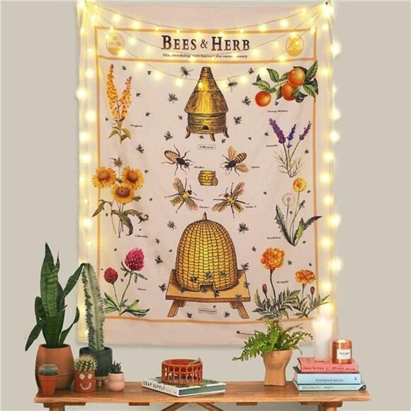 Fowocu Yellow Bees Floral Vertical Tapestry Wall Hanging, Vintage